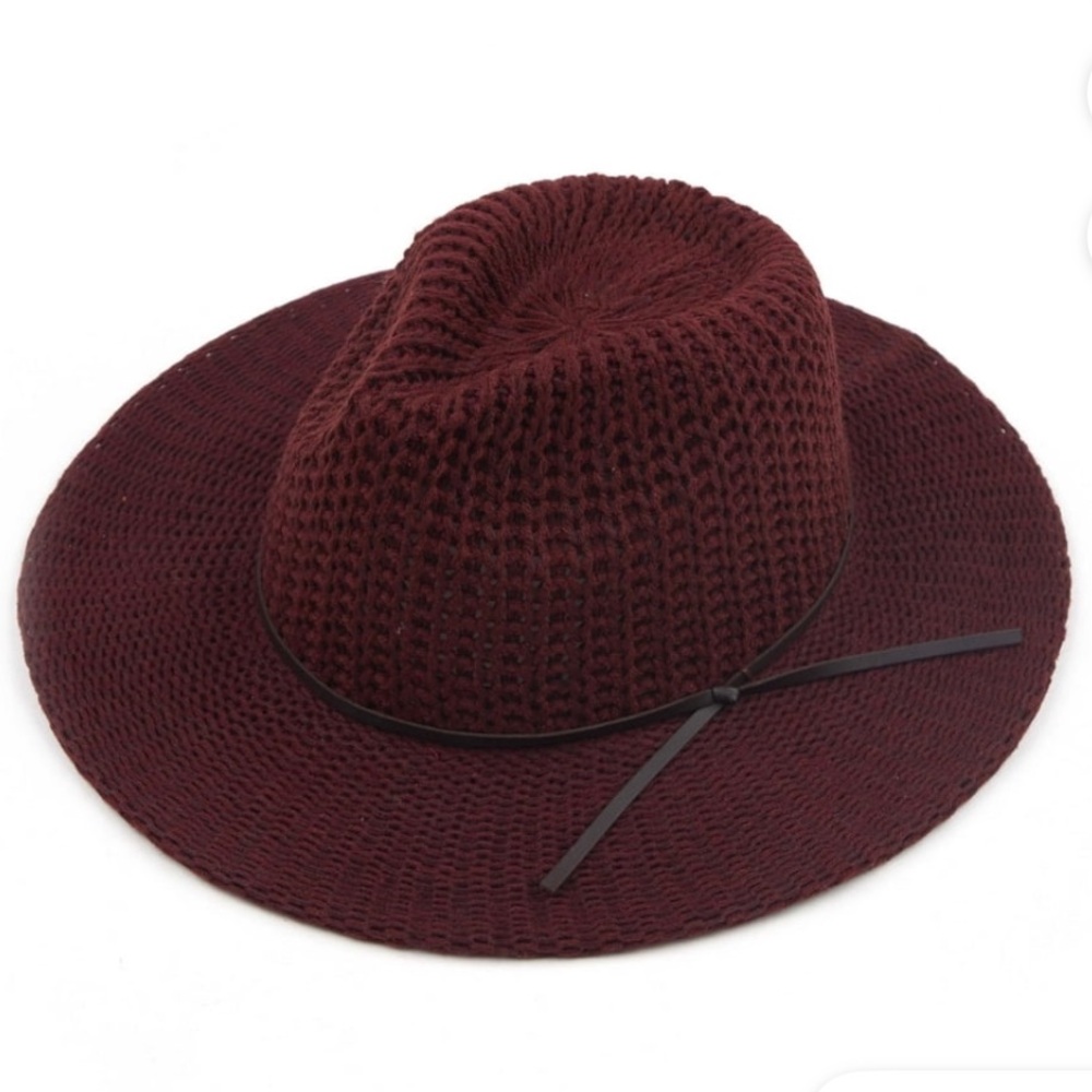 Women’s Wide Brim Knit Fedora Hat - Burgundy